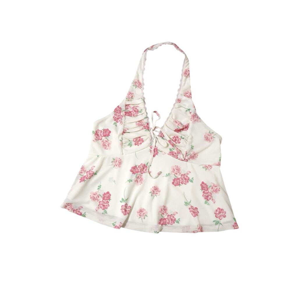 La Peche Pink Floral Lace Mesh Halter Crop Top M Cottagecore Coquette Boho Y2K